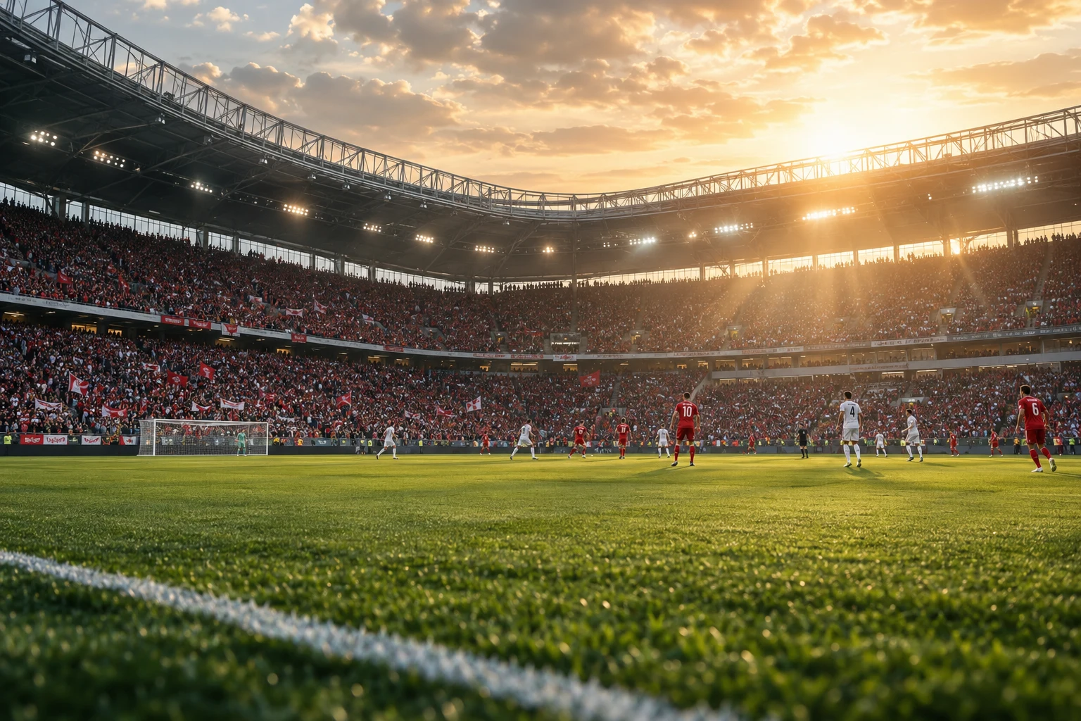 Et oplyst fodboldstadion med tilskuere på tribunerne